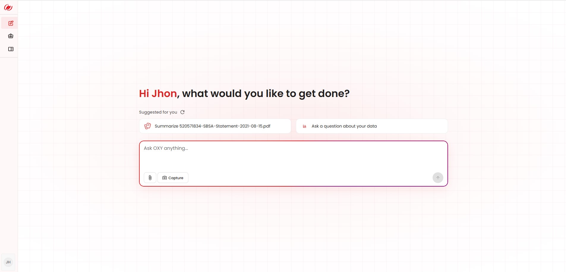 OXY in full screen, with suggested prompts